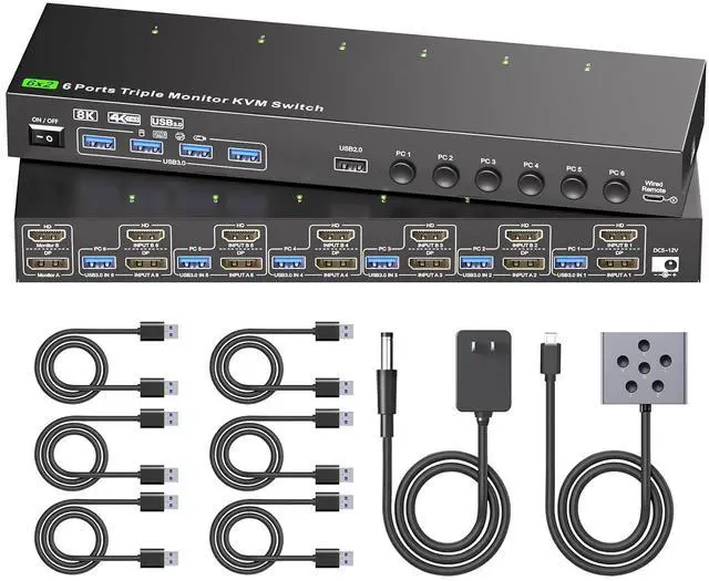 Main image of Dual Monitor KVM Switch for 6 PCs Share 2 Monitors, HDMI+Displayport KVM Switch 6 Computers 2 Monitors, 4K@120Hz/8K@30Hz with 4 USB3.0 Ports, USB Cables and Power Adapter