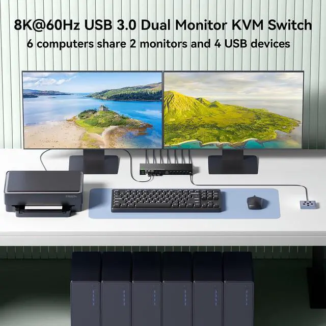 Alt view image 7 of 7 - Dual Monitor KVM Switch for 6 PCs Share 2 Monitors, HDMI+Displayport KVM Switch 6 Computers 2 Monitors, 4K@120Hz/8K@30Hz with 4 USB3.0 Ports, USB Cables and Power Adapter