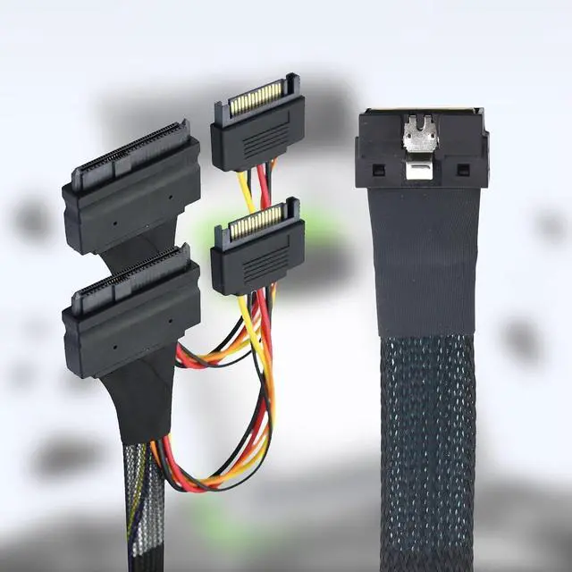 Alt view image 2 of 7 - NVME PCIe HDDs Cable SFF 8654 8I to 2X SFF 8639 Adapter PCIE All inclusives Cable with Secure Connection