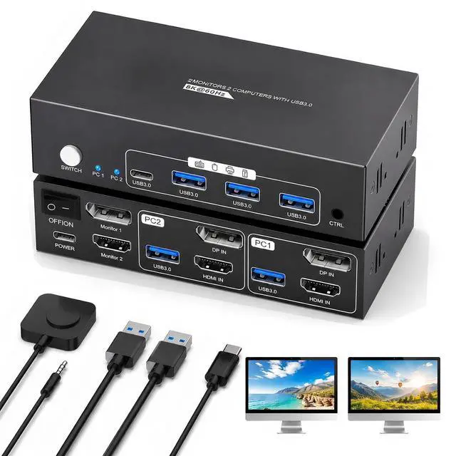 Main image of KVM Switch 2 Monitors 2 Computers, HDMI + DisplayPort,8K@60Hz | Share 2 Monitors, Keyboard & Mouse | USB 3.0 Port | Wired Controller | EDID Adaptive | Home Office/Gaming/Productivity