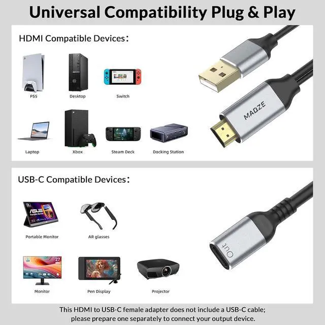 Alt view image 7 of 7 - HDMI to USB C Cable, 4K@60Hz Unidirectional HDMI to Type-C Cables Adapter 0.23m (Male to Female) for Portable Monitor, Laptop, Wired Projector, Xreal Air AR & Rokid AR