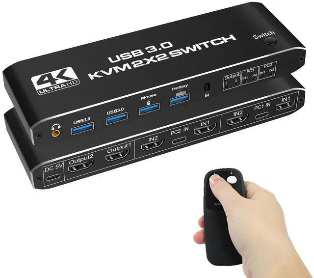 Main image of KVM Switch 2 Monitors 2 Computers, 4K@60Hz HDMI KVM switches with 4 USB 3.0 Ports, Keyboard Video Mouse Audio Peripherals Switch Support UHD, Hotkey