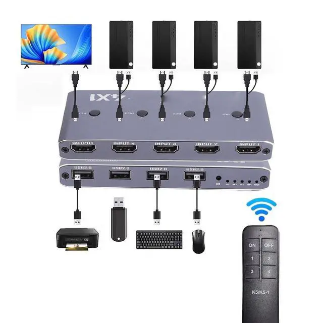 Alt view image 2 of 7 - 4K HDMI KVM Switches 4x1, 48Gbps High Speed USB 2.0 Hub, CEC VRR ALLM QFT, with 4 HDMI Cables & Remote, for PC Laptop Monitor TV