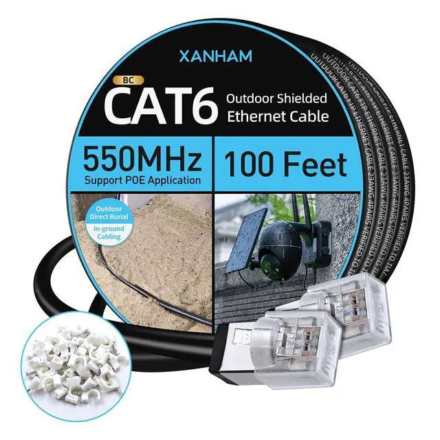 Main image of Cat6 Shielded Outdoor Ethernet Cable 100 Feet Waterproof and UV Resistant Direct Burial Jacket 23AWG Solid Copper Cat 6 FTP Network Cable, for POE and Internet Cabling Application