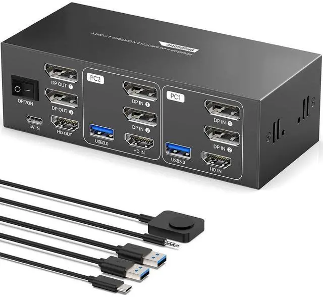 Main image of KVM Switch 3 Monitors 2 Computers, HDMI + DisplayPort, 8K@60Hz | Share 3 Monitors, Keyboard & Mouse | USB 3.0 | Wired Controller | EDID Adaptive | Office/Gaming/Trading/Workstation