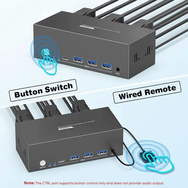 Alt view image 5 of 7 - KVM Switch 3 Monitors 2 Computers, HDMI + DisplayPort, 8K@60Hz | Share 3 Monitors, Keyboard & Mouse | USB 3.0 | Wired Controller | EDID Adaptive | Office/Gaming/Trading/Workstation