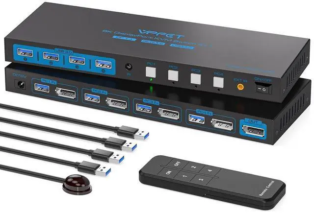Main image of 8K@60Hz Displayport KVM Switch 1 Monitor 4 Computers 4K144Hz USB3.0 KVM Switch Single Monitor for 4 Computers Share 1 Monitor and 4 USB Devices