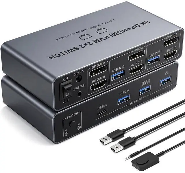 Main image of Dual Monitor 8K HDMI Displayport KVM Switch, 2 Monitors 2 Desktop Computers 4K@144Hz HDMI+DP 2IN 2 Out USB 3.0 KVM Switcher, 2 Switching Modes, 2 PCs Share 1 Set of Keyboard Mouse Printer