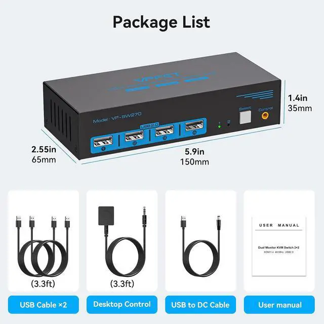Alt view image 7 of 7 - HDMI KVM Switch 2 Monitors 2 Computers 4K@30Hz USB 2.0 KVM Switch Dual Monitor for 2 Computers Share 2 Monitors and 4 USB Devices
