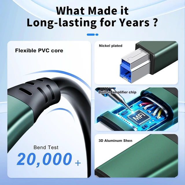 Alt view image 2 of 7 - Kumiho USB 3.0 Printer Cable A Male to B Male 30Ft/10M Compatible with Scanner, Printers, Desktop External Hard Drivers and More