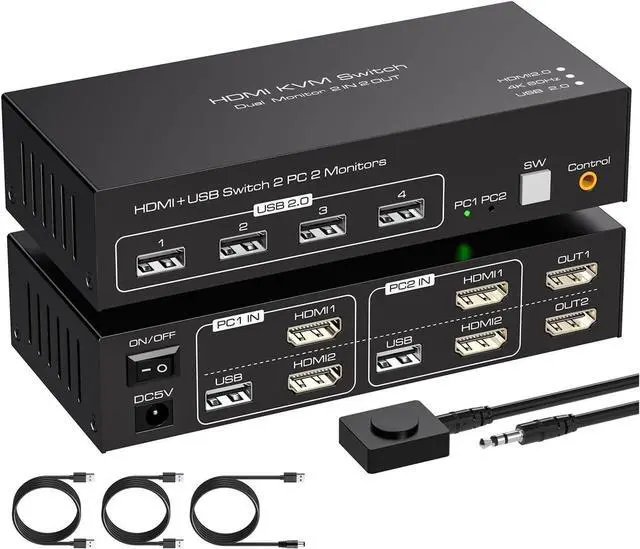 Main image of HDMI KVM Switch 2 Monitors Computers 4K@60Hz USB Switches Port for PC or Laptop Share Dual Monitor and 1 Set of Keyboa