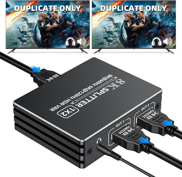 Main image of HDMI 2.1 Splitter 1 in 2 Out 4K 120Hz 8K 60Hz with Audio Out, BolAAzuL 1x2 HDMI Y Splitters Powered Plug&Play for Dual Monitors Duplicate, Zero Latency, Support HDCP 2.3 HDR for PS5/Xbox/PC/TV