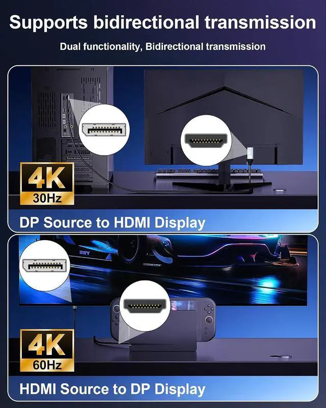 Alt view image 4 of 7 - 4K Bidirectional HDMI to Displayport Cable 6.6Ft (4K@60Hz/2K@120Hz) Male to Male Adapter Bidirectiona Display Port to HDMI Braided Cord, DP to HDMI Compatible with PC,Laptop,AMD,NVIDIA,PS5,Xbox