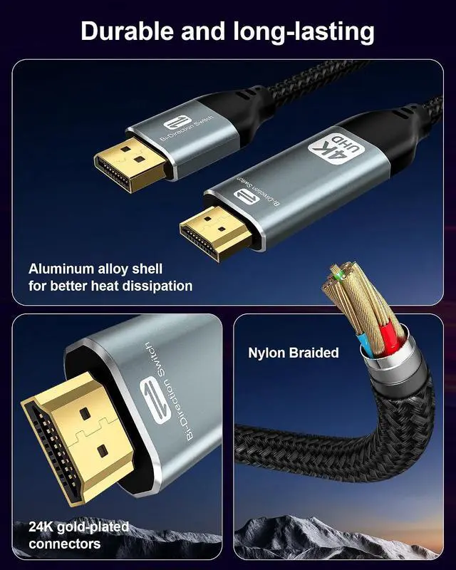 Alt view image 6 of 7 - 4K Bidirectional HDMI to Displayport Cable 6.6Ft (4K@60Hz/2K@120Hz) Male to Male Adapter Bidirectiona Display Port to HDMI Braided Cord, DP to HDMI Compatible with PC,Laptop,AMD,NVIDIA,PS5,Xbox