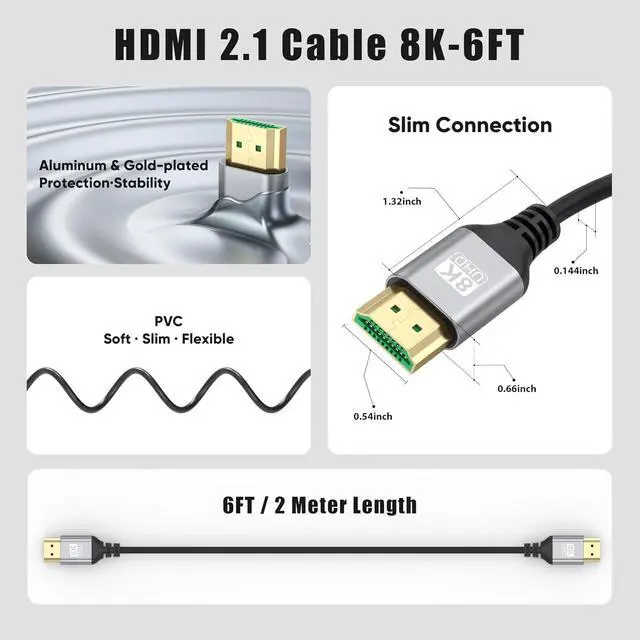 Alt view image 3 of 7 - 8K Slim HDMI Cables 6FT 5-Pack, 48Gbps Ultra High-Speed, HDMI 2.1 Cord Supports VRR, ALLM, eARC, HDCP2.3, Dolby Atmos & DTS:X, HDR10+ for TV, Monitor, Computer, Laptop, Projector, PS5, Xbox