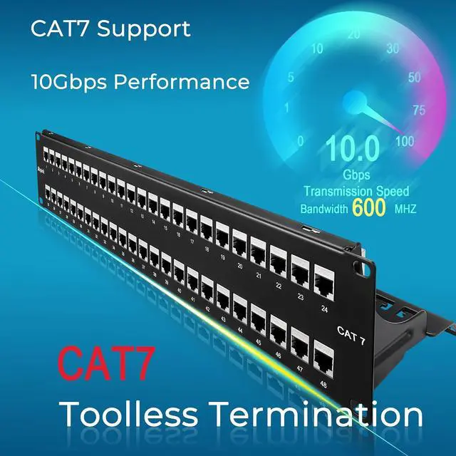 Alt view image 2 of 6 - Rapink Patch Panel 48 Port Cat7 with Inline Keystone 10G Support, Coupler Patch Panel STP Shielded 19-Inch with Removable Back Bar, 2U Network Panel for Cat7, Cat6, Cat6A, Cat5e Cabling