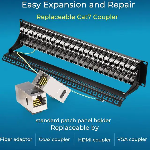 Alt view image 5 of 6 - Rapink Patch Panel 48 Port Cat7 with Inline Keystone 10G Support, Coupler Patch Panel STP Shielded 19-Inch with Removable Back Bar, 2U Network Panel for Cat7, Cat6, Cat6A, Cat5e Cabling