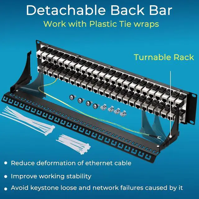 Alt view image 6 of 6 - Rapink Patch Panel 48 Port Cat7 with Inline Keystone 10G Support, Coupler Patch Panel STP Shielded 19-Inch with Removable Back Bar, 2U Network Panel for Cat7, Cat6, Cat6A, Cat5e Cabling