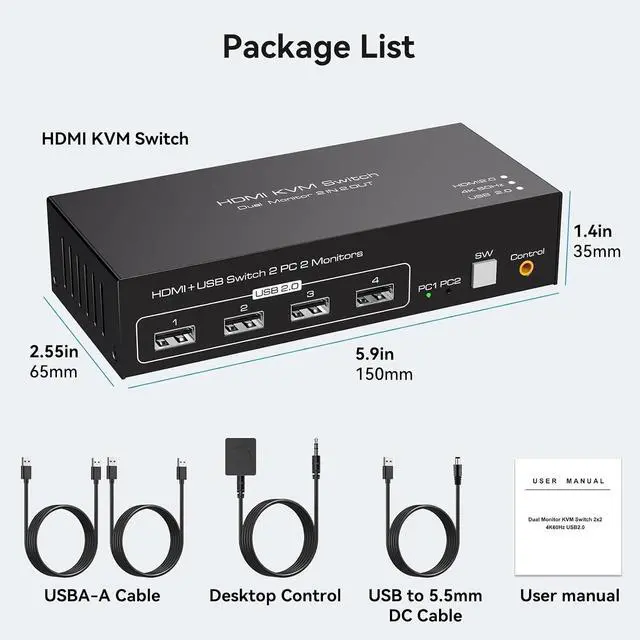 Alt view image 2 of 2 - HDMI KVM Switch 2 Monitors Computers 4K@60Hz USB Switches Port for PC or Laptop Share Dual Monitor and 1 Set of Keyboa