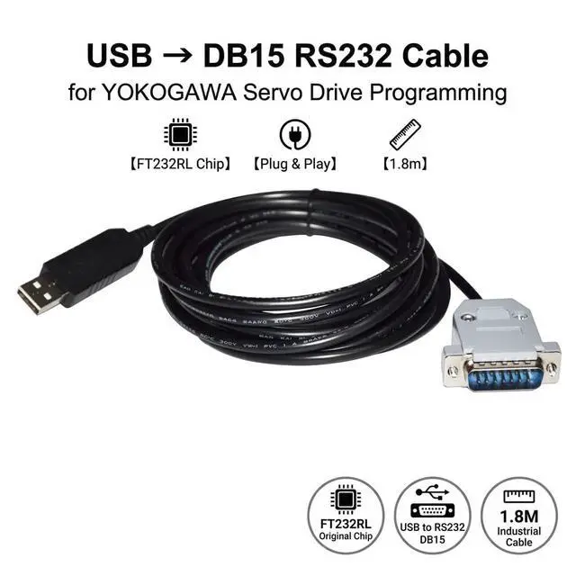 Alt view image 2 of 6 - FT232RL USB to DB15 15-Pin Male Serial Cable, 1.8m for YOKOGAWA Servo Drives, RS232 Communication and PC Programming Cable