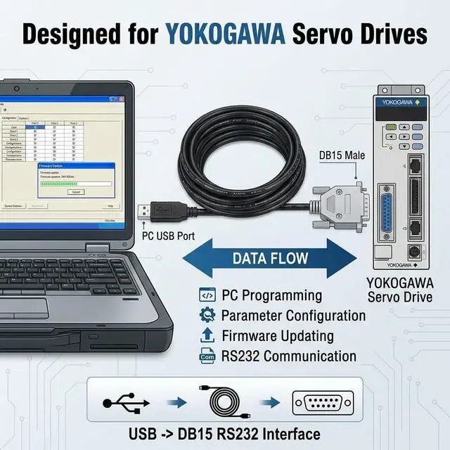 Alt view image 4 of 6 - FT232RL USB to DB15 15-Pin Male Serial Cable, 1.8m for YOKOGAWA Servo Drives, RS232 Communication and PC Programming Cable