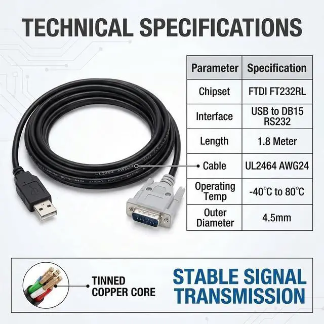 Alt view image 5 of 6 - FT232RL USB to DB15 15-Pin Male Serial Cable, 1.8m for YOKOGAWA Servo Drives, RS232 Communication and PC Programming Cable