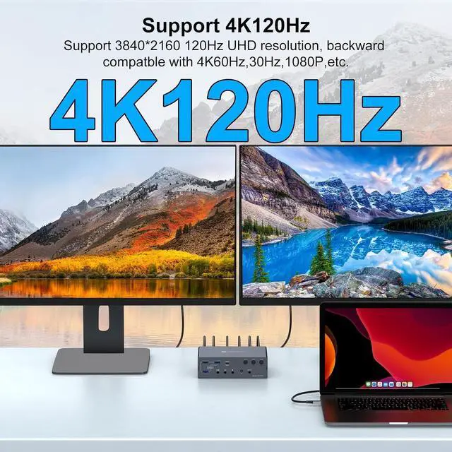 Alt view image 3 of 7 - KVM Switch 2 Monitors 3 Computers Docking Station 16-in-1 4K120Hz for M1/M2/M3/M4 with Ethernet EDID, USB 3.0/USB C Thunderbolt 3/4/5 in, 2 HDMI Out Extended/Mirrored Mode for Windows Mac