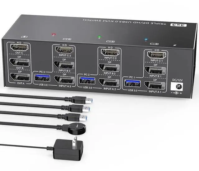 Main image of KVM303DH Compact HDMICompatible KVM Switcher 3 in 3 Out 8K@60Hz, 4K@144Hz Triple Monitor USB Switch for Linux, with HighClear Display for Various Display Modes, Office Work Metal Black