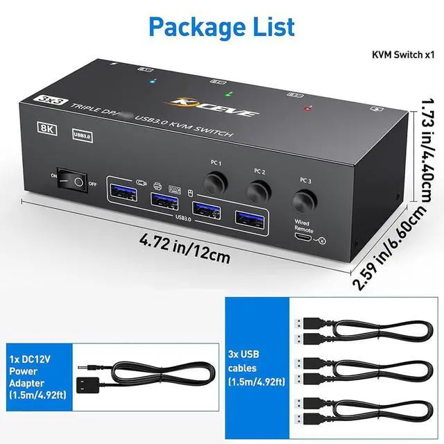 Alt view image 2 of 2 - KVM303DH Compact HDMICompatible KVM Switcher 3 in 3 Out 8K@60Hz, 4K@144Hz Triple Monitor USB Switch for Linux, with HighClear Display for Various Display Modes, Office Work Metal Black