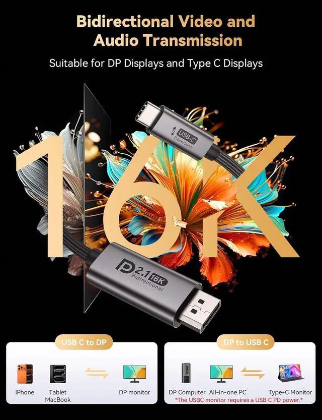 Alt view image 2 of 7 - Bidirectional USB C to DisplayPort 2.1 Cable, 16K DisplayPort to USB C Cord 10ft, 16K@60Hz 8K@240Hz/120Hz Premium Aluminum Plug & Play Compatible with MacBook Pro/Air, Laptop, Graphics Card