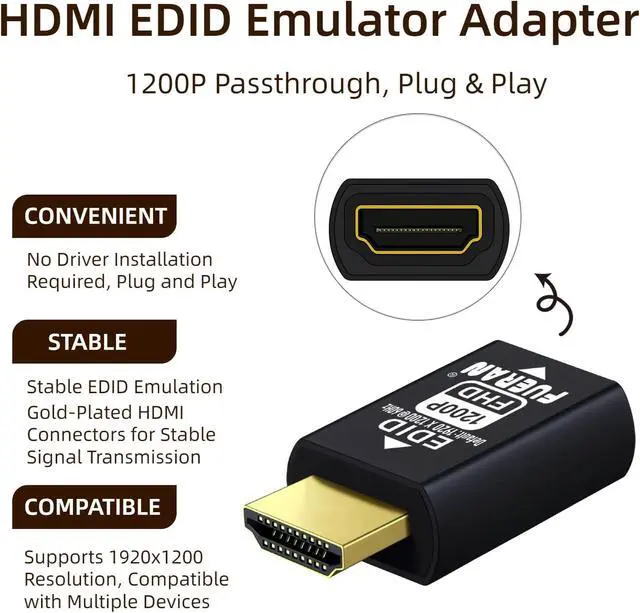 Alt view image 2 of 5 - HDMI edid Emulator Adapter, emulators,Reliable Pass-Through for Video Splitters, Extenders, AV Receivers Plug & Play (1920X1200@60Hz-4P)
