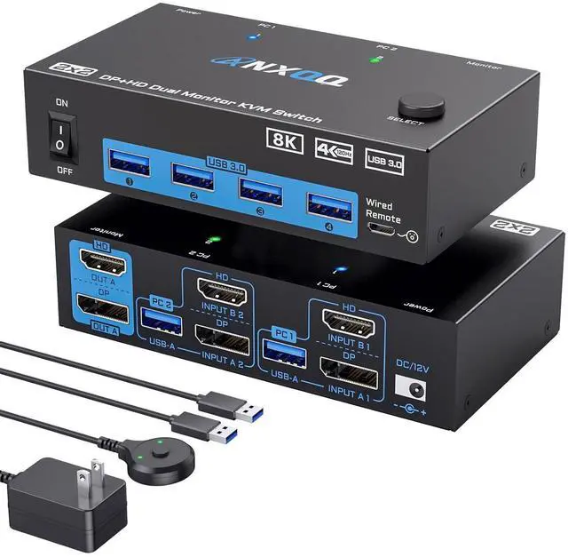Main image of 8K@60Hz 4K@144Hz KVM Switch 2 Monitors 2 Computers Display Port and HDMI, ANXQQ KVM Switch Dual Monitor with 4 USB 3.0 Ports for Keyboard Mouse Printer, with Wired Remote and Power Adapter