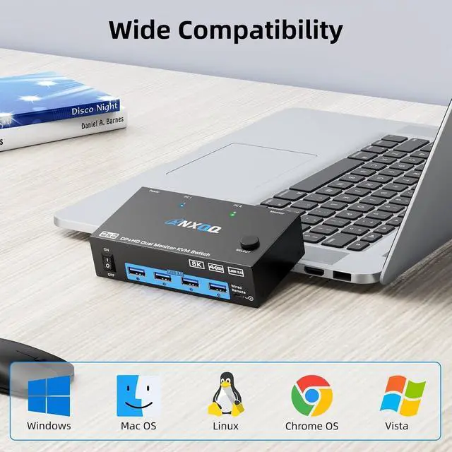 Alt view image 7 of 7 - 8K@60Hz 4K@144Hz KVM Switch 2 Monitors 2 Computers Display Port and HDMI, ANXQQ KVM Switch Dual Monitor with 4 USB 3.0 Ports for Keyboard Mouse Printer, with Wired Remote and Power Adapter