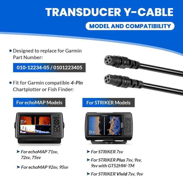 Alt view image 3 of 7 - 12-Pin to Dual 4-Pin Transducer Y-Cable 010-12234-05 for Garmin echoMAP 71sv/72sv/75sv, for Striker 7sv, for Striker Plus 7sv/9sv, for Striker Vivid 7sv/9sv Chartplotter or Fish Finder
