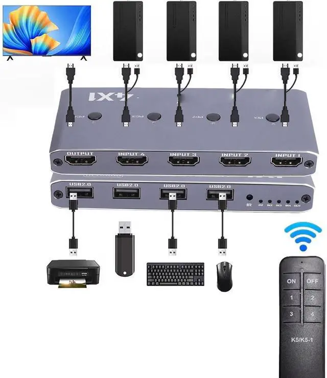 Alt view image 2 of 7 - Tangxi 4x1 HDMI KVM Switchs 4K 60Hz for 4 Computers Share 1 Monitor, Quad HDMI Multiviewer Switcher with 4 USB 2.0 Ports, Quick View for Camera, PC, Laptop