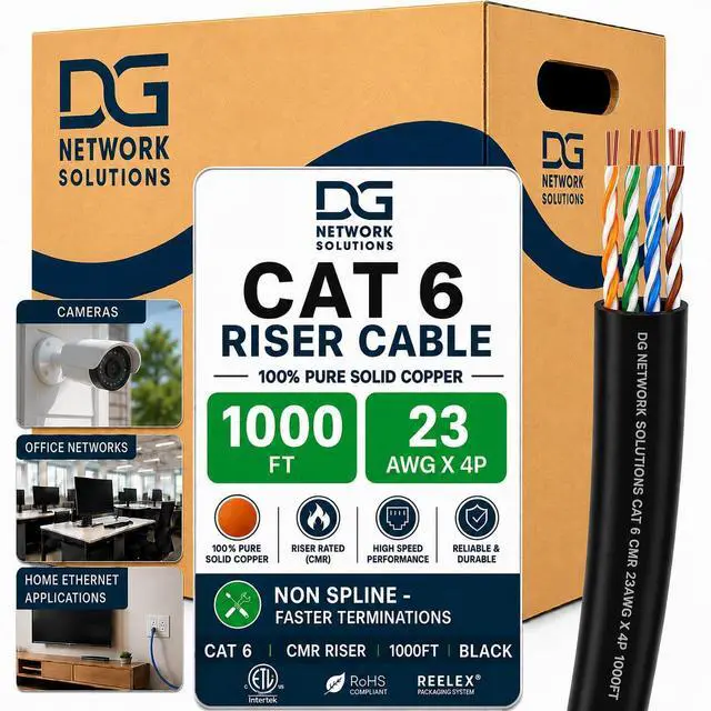 Main image of DG Cat6 Riser (CMR), 1000ft, Unshielded, 23AWG, Solid Bare Copper, Up to 10Gb Speeds, No Spline, Faster-Easier Terminations, 550MHz, ETL Listed, Indoor/Home/Commercial Use, Bulk Ethernet Cable, Black