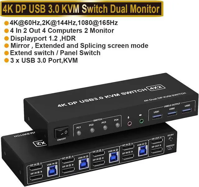 Alt view image 2 of 2 - 4 Port HDMI KVM USB 3.0 Switch 4X2 Dual Monitor 4K@60Hz Extended Display DP in 2 Out for PC Share Keyboard Mouse(ZY-AD42U,UK Power Plug)