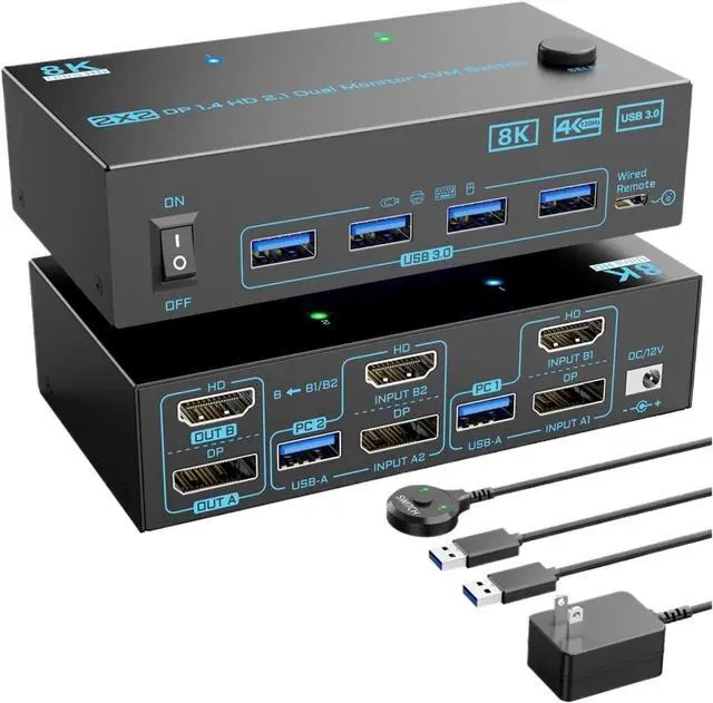 Main image of 8K Displayport 1.4 + HDMI 2. Dual Monitor KVM Switch Monitors Computers Ports Max Support 8K@60Hz/4K@144Hz Exclusive Sale(AU Power Adapter)