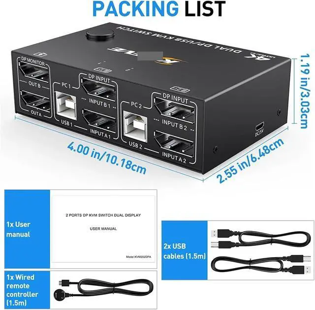 Alt view image 4 of 4 - KVM Switch Dual Display Switcher Cable 1.4 Extended Display 2 PC Or Laptop Share Keyboard Mouse Printer Monitors