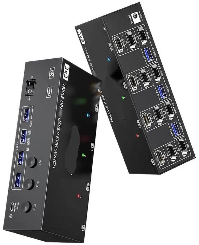 Main image of 3-Port KVM Switch 3 in 3 Out 8K@60Hz 4K@144Hz Triple Monitor USB 3.0 with HDMI and DisplayPort Support