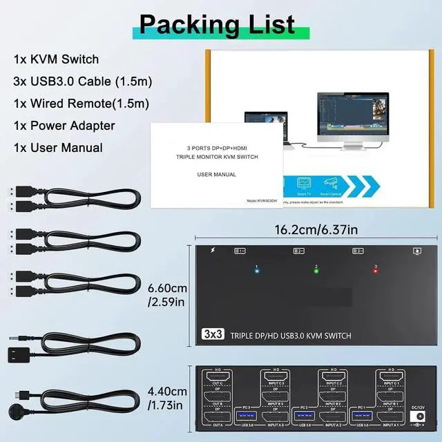 Alt view image 2 of 2 - KVM Switch 3/2 Monitors 3 Computers 8K HDMI Displayport Triple Monitor/Dual Monitor Mixed Display KVM with 4 USB 3.0 Ports(303DH)