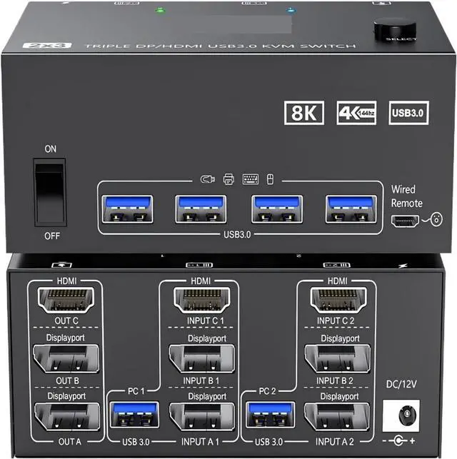 Main image of 8K Triple Monitor KVM Switch 3 Monitors 2 Computers, 2 Displayport + HDMI USB3.0 KVM Switch with 4 USB 3.0 Port for Keyboard(203DH-1)