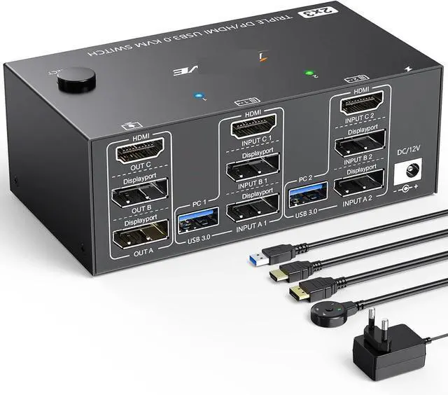 Alt view image 2 of 3 - 8K Triple Monitor KVM Switch 3 Monitors 2 Computers, 2 Displayport + HDMI USB3.0 KVM Switch with 4 USB 3.0 Port for Keyboard(203DH-1)