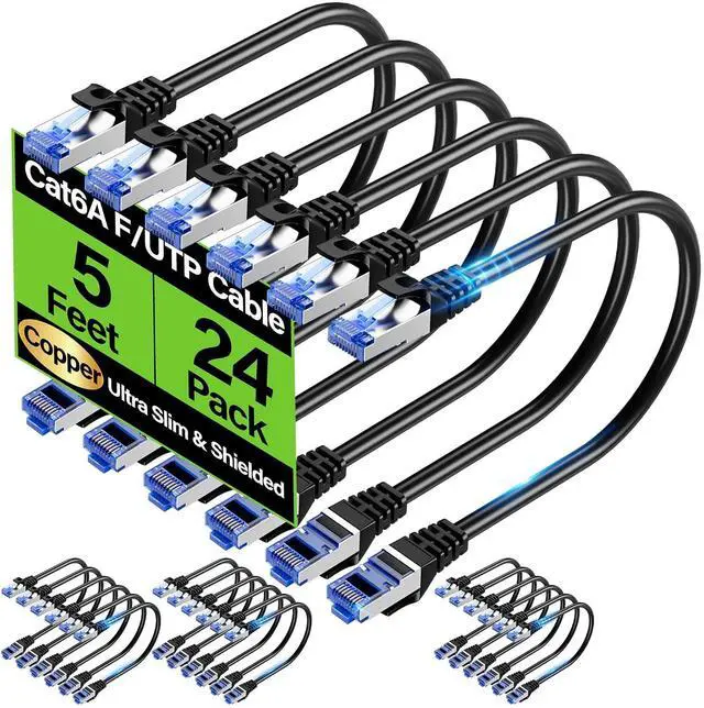 Main image of Cat6A Ethernet Cable Shielded 10Gbps 5 ft (24 Pack), Slim Shielded (F/UTP) Ethernet Cable Cat 6, Flexible 28AWG Bare Copper Cat6 Cable, Space-saving Cat 6a Network Cable for Server, Data Center, Black