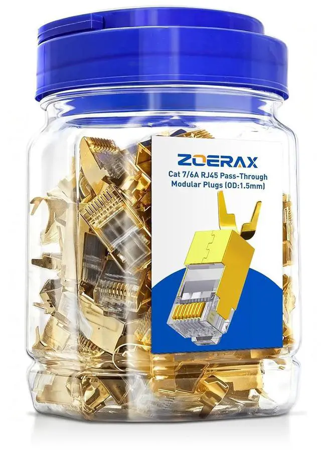 Main image of 50-Pack Cat7 Cat6A Shielded Pass Through RJ45 Connectors, 3-Prong Gold Plated CAT7 Modular Plug for Solid or Stranded STP/FTP Ethernet Cable (Gold)