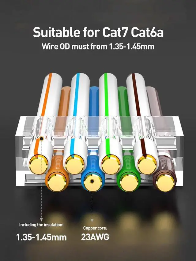 Alt view image 2 of 7 - 50-Pack Cat7 Cat6A Shielded Pass Through RJ45 Connectors, 3-Prong Gold Plated CAT7 Modular Plug for Solid or Stranded STP/FTP Ethernet Cable (Gold)