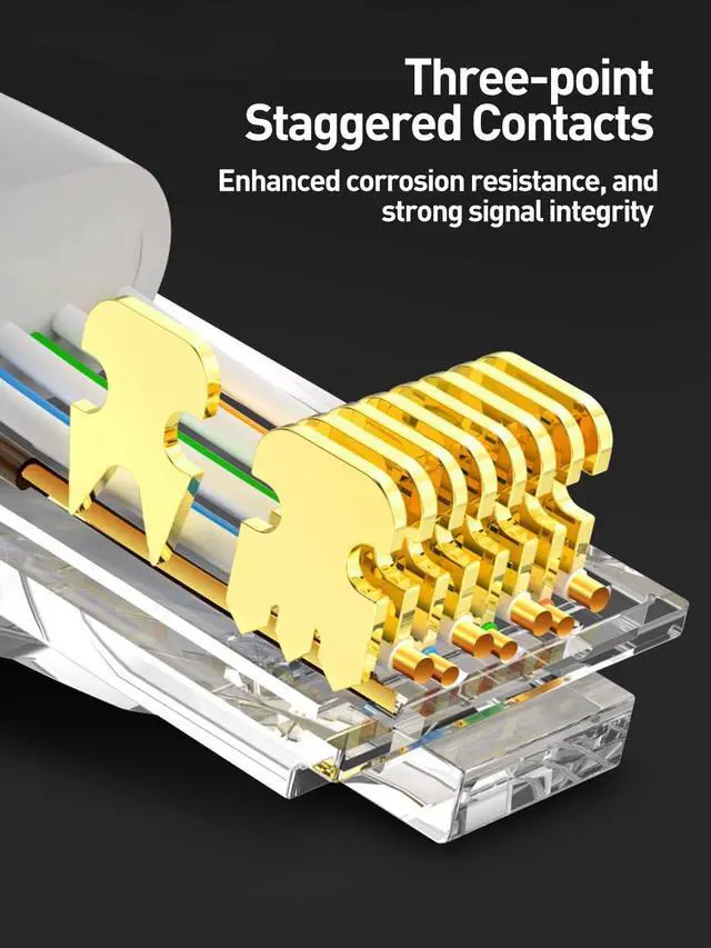 Alt view image 6 of 7 - 50-Pack Cat7 Cat6A Shielded Pass Through RJ45 Connectors, 3-Prong Gold Plated CAT7 Modular Plug for Solid or Stranded STP/FTP Ethernet Cable (Gold)