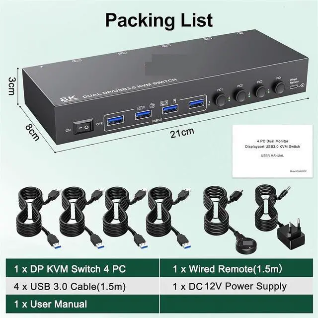 Alt view image 2 of 2 - DisplayPort KVM Switch 4 USB 3.0 Ports 4K@144Hz 8K@30Hz for 2 Monitors Computers Sharing Keyboard Mouse Printer U-Disk DP