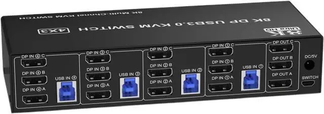 Main image of 8K USB 3.0 KVM Switch 3 Monitors 4 Computers, DP 1.4 Triple Monitor with Audio Microphone Output and 3 USB 3.0 Ports(EU Plug Adapter)
