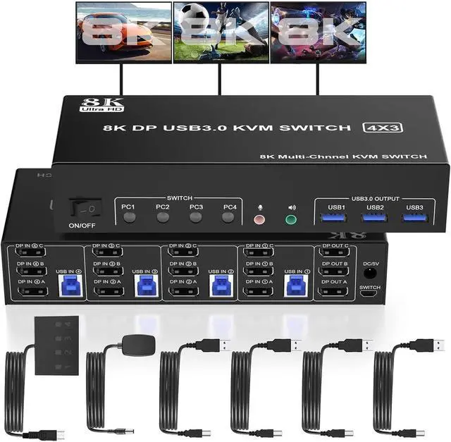 Alt view image 2 of 4 - 8K USB 3.0 KVM Switch 3 Monitors 4 Computers, DP 1.4 Triple Monitor with Audio Microphone Output and 3 USB 3.0 Ports(EU Plug Adapter)